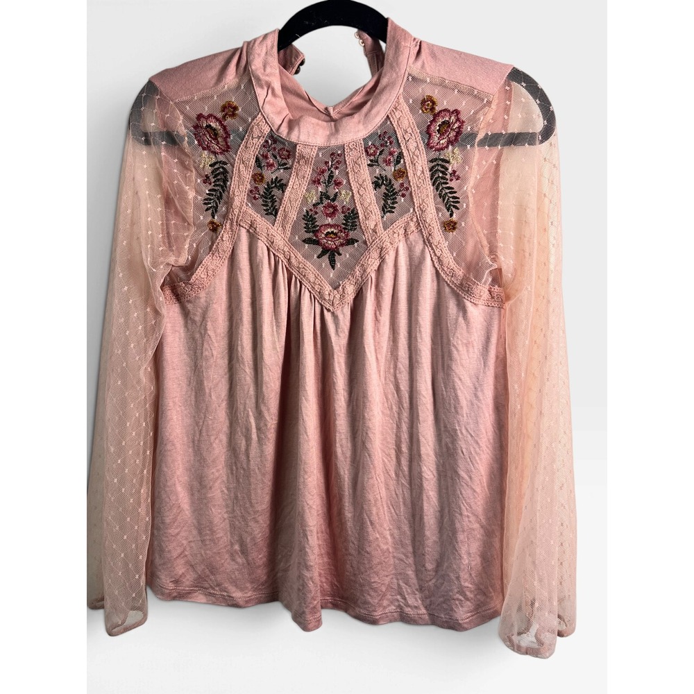 Altar'd State Pink Boho Floral Embroidered Swiss Dot Mesh Sleeve Blouse Small